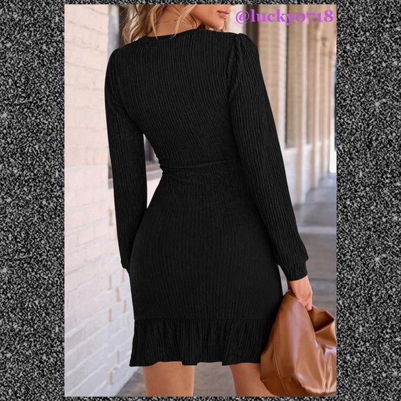 PrettyGarden NWT Black Ruched Bodycon Long Puff Sleeve Mini Dress in Black Sz S - Picture 4 of 10